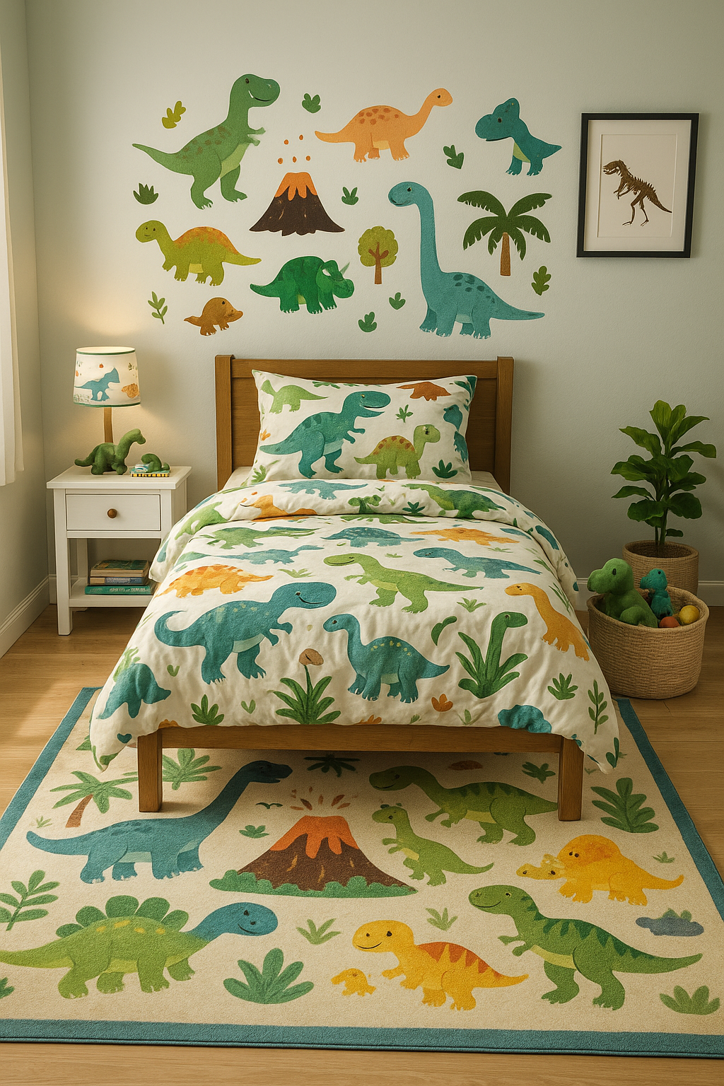 Dinosaur themed boy's bedroom with dinosaur bedding, wall decals, rug, and lamp